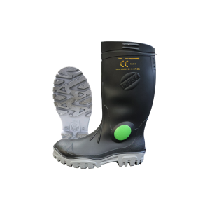 Heavy duty gumboot steel toe cap- steel mid sole - green dot- black/grey