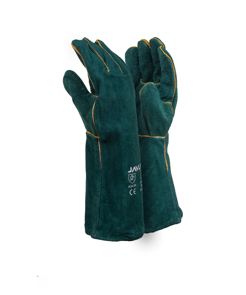 Green Leather Fully Welted Lined Gloves - 20cm Cuff