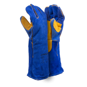 Premium Blue Leather Lined Welding Gloves With Yellow Palm Reinforcing - 20cm Cuff