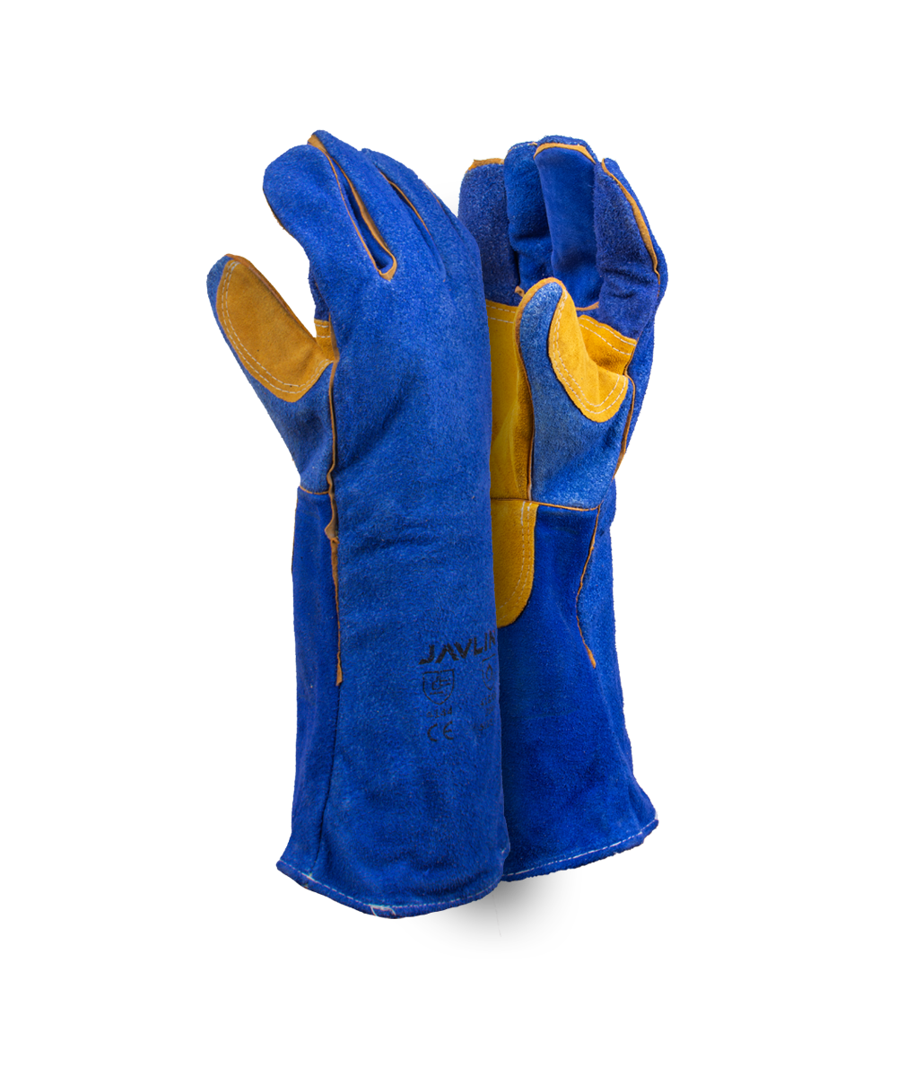 Premium Blue Leather Lined Welding Gloves With Yellow Palm Reinforcing - 20cm Cuff